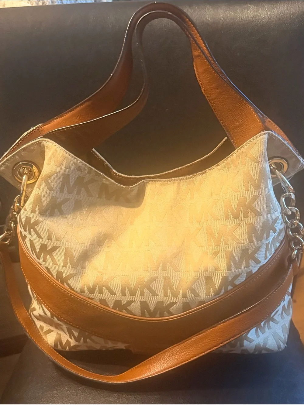 Michael Kors Jamesport Cream and Tan Logo Hobo Bag
